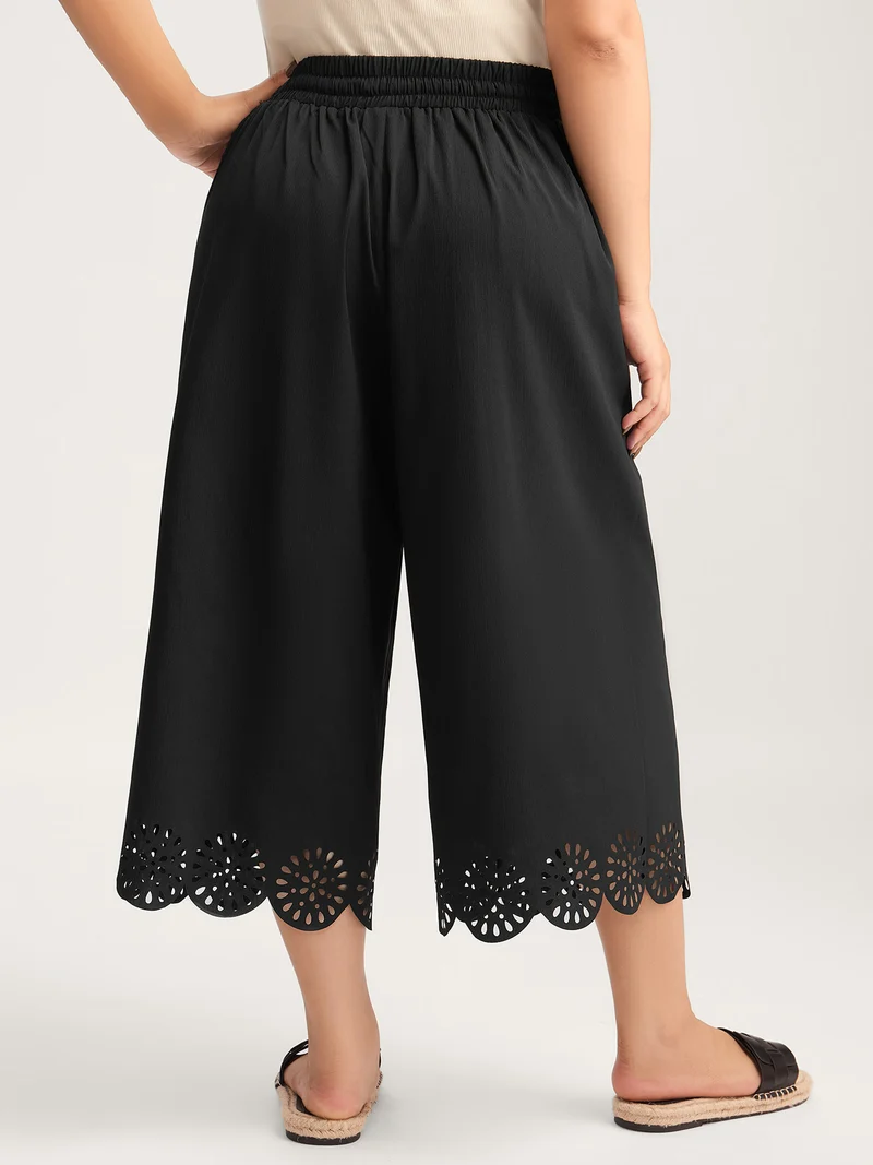 Scalloped Hem Laser Cut Wide-Leg Pants