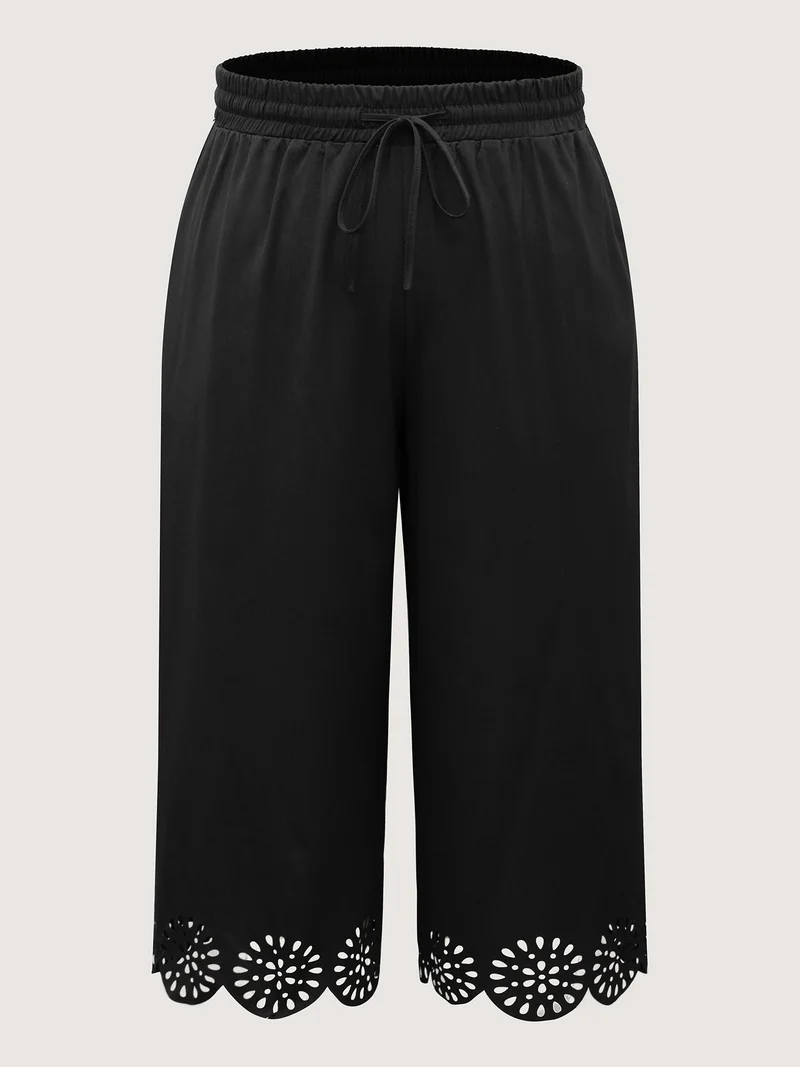 Scalloped Hem Laser Cut Wide-Leg Pants