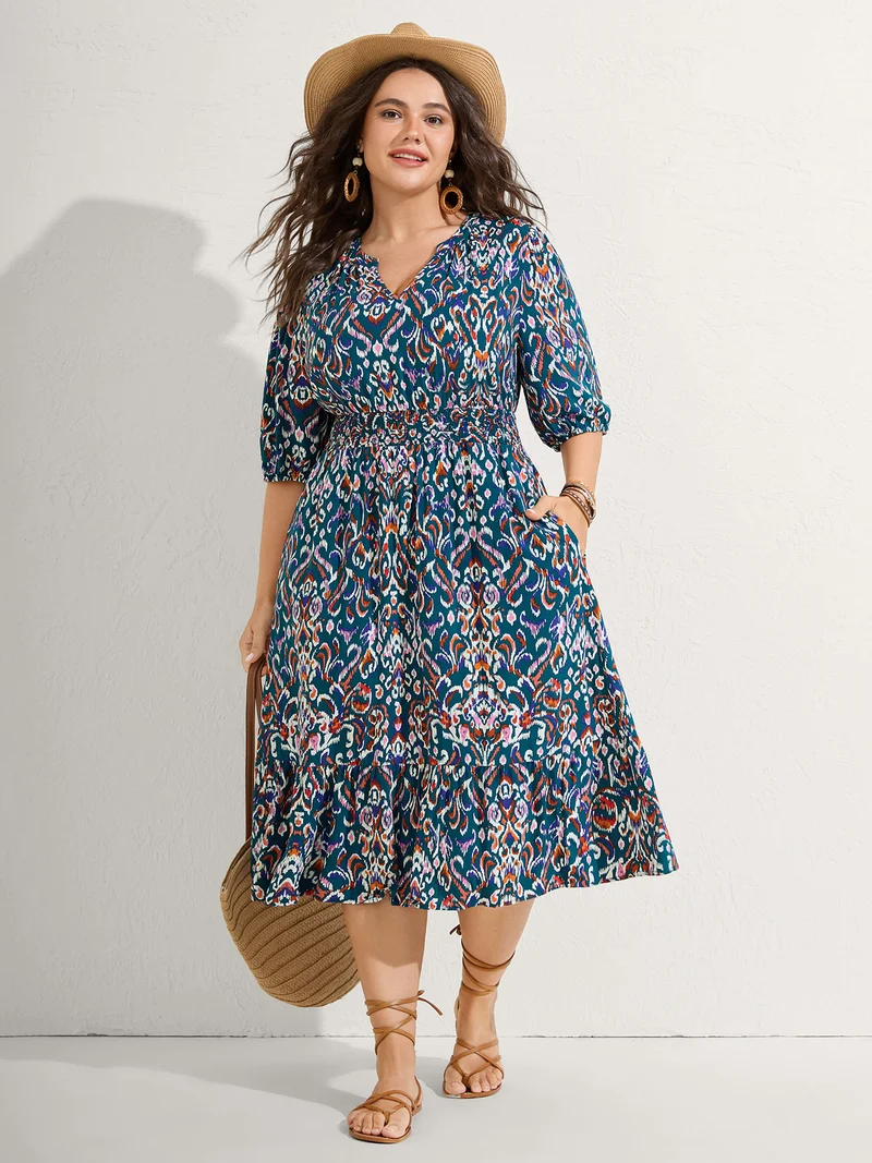 Abstract Print Shirred Waist Midi Dress