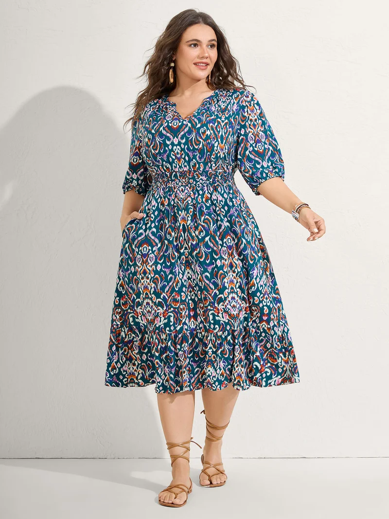Abstract Print Shirred Waist Midi Dress