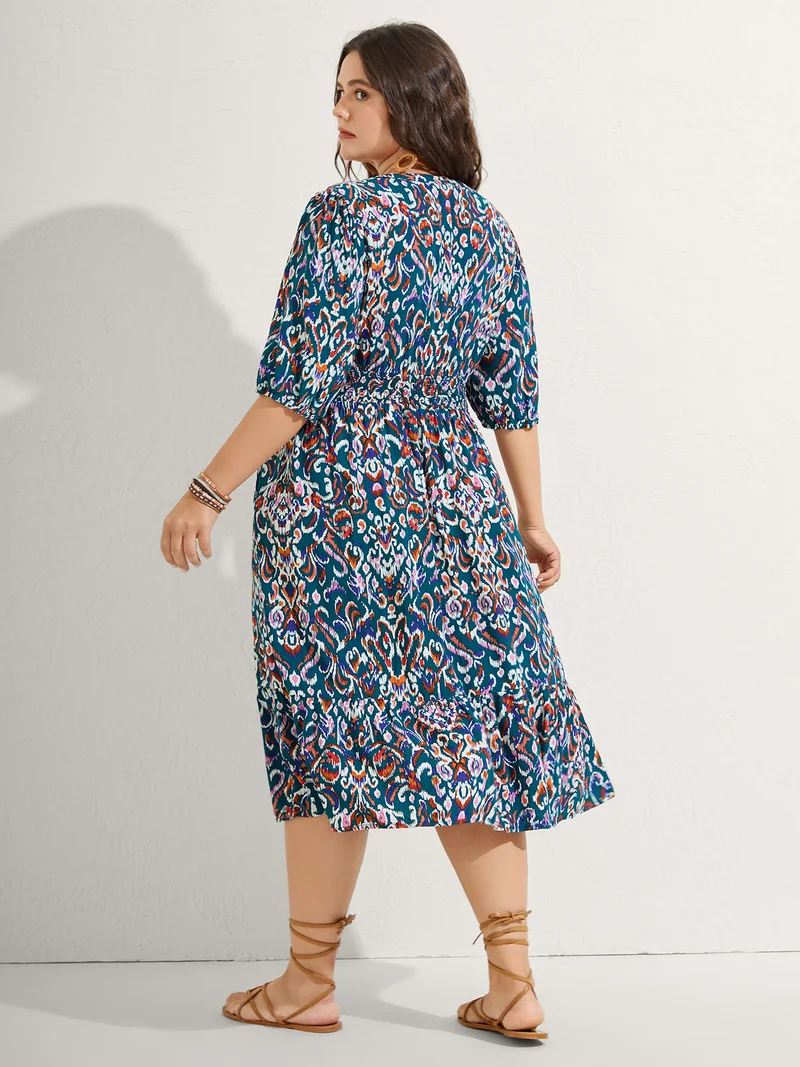 Abstract Print Shirred Waist Midi Dress