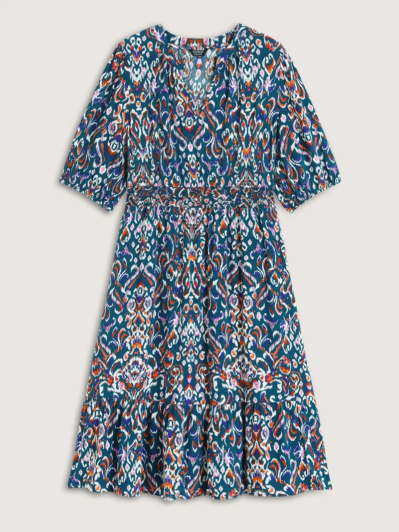 Abstract Print Shirred Waist Midi Dress