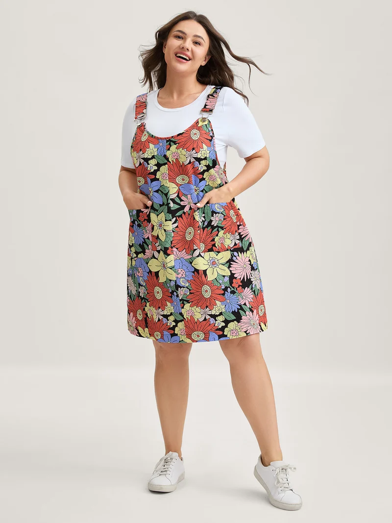 Floral Print Textured Overall Straps Dress