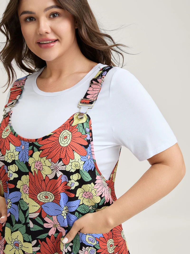 Floral Print Textured Overall Straps Dress