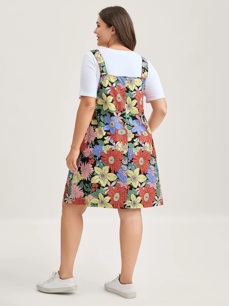 Floral Print Textured Overall Straps Dress