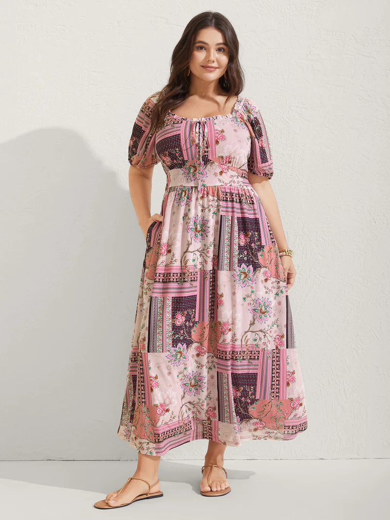 Boho Collage Shirred Neck Tie Midi Dress
