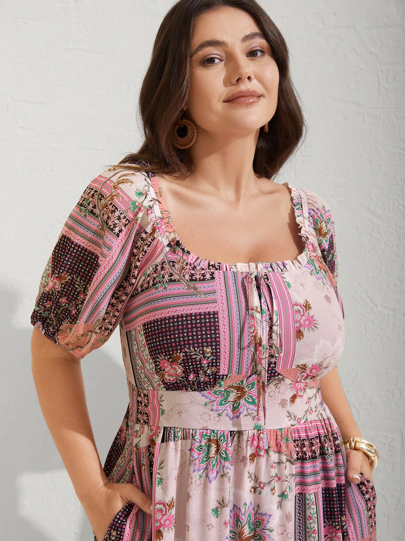 Boho Collage Shirred Neck Tie Midi Dress