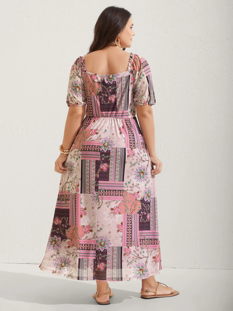 Boho Collage Shirred Neck Tie Midi Dress