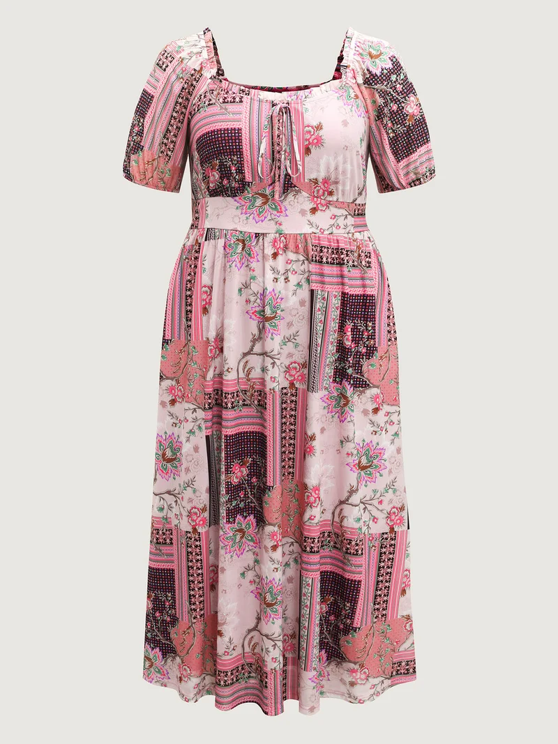 Boho Collage Shirred Neck Tie Midi Dress