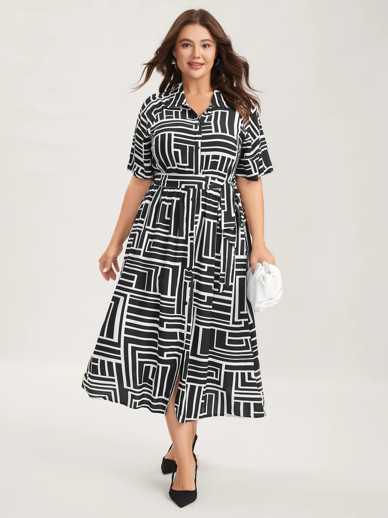 Geometric Print Monochrome Shirt Dress