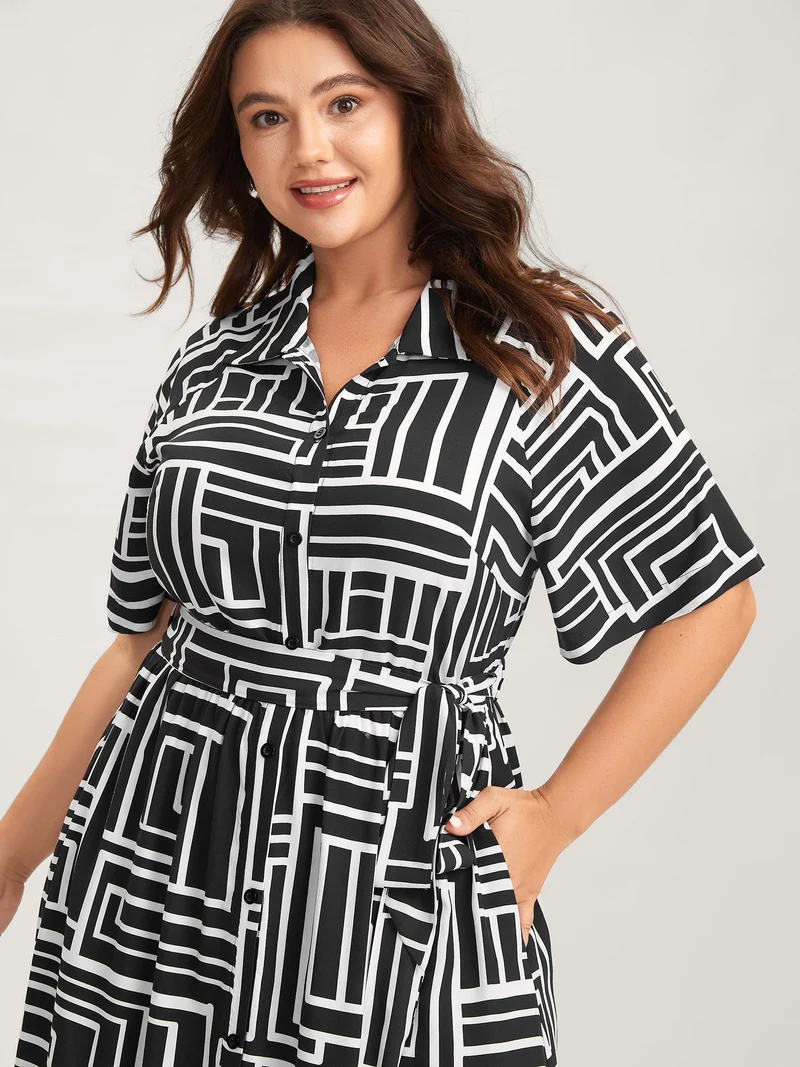 Geometric Print Monochrome Shirt Dress