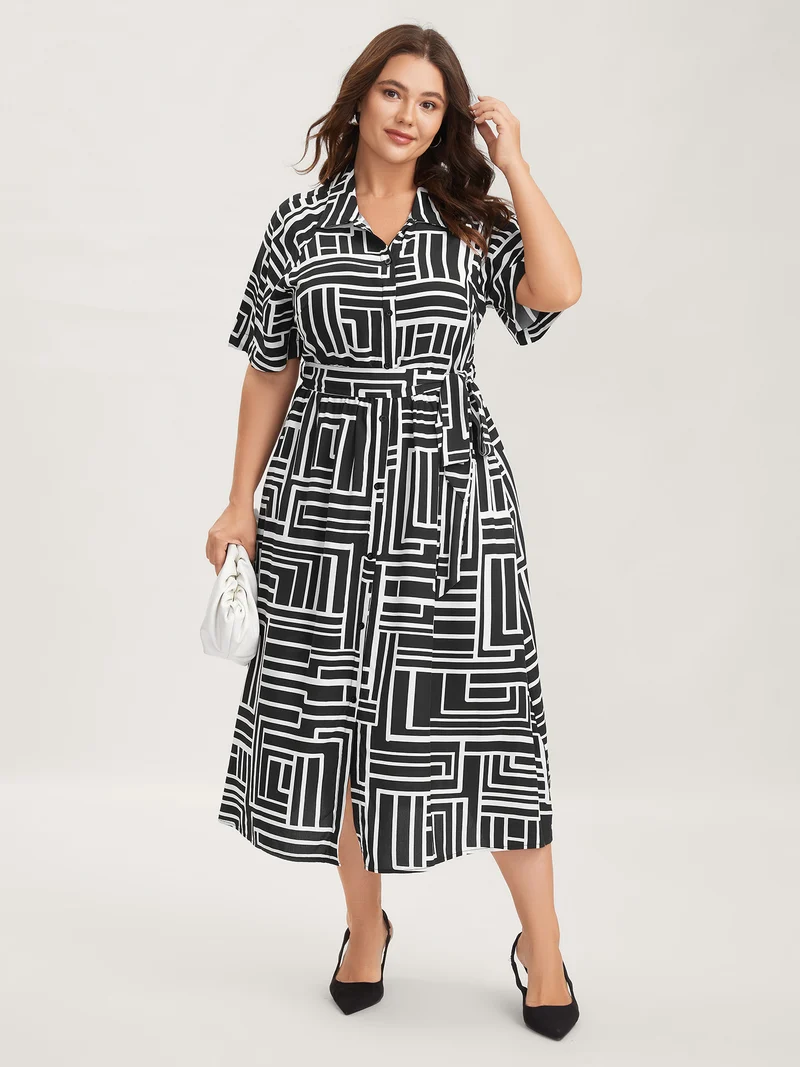 Geometric Print Monochrome Shirt Dress