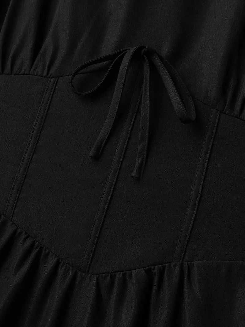 Bow Tie Drop Waist Shirred Midi Dress