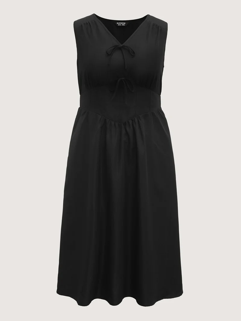 Bow Tie Drop Waist Shirred Midi Dress
