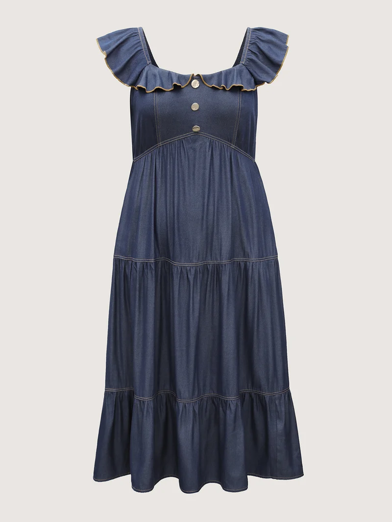 Denim-Like Ruffled Tiered Midi Dress