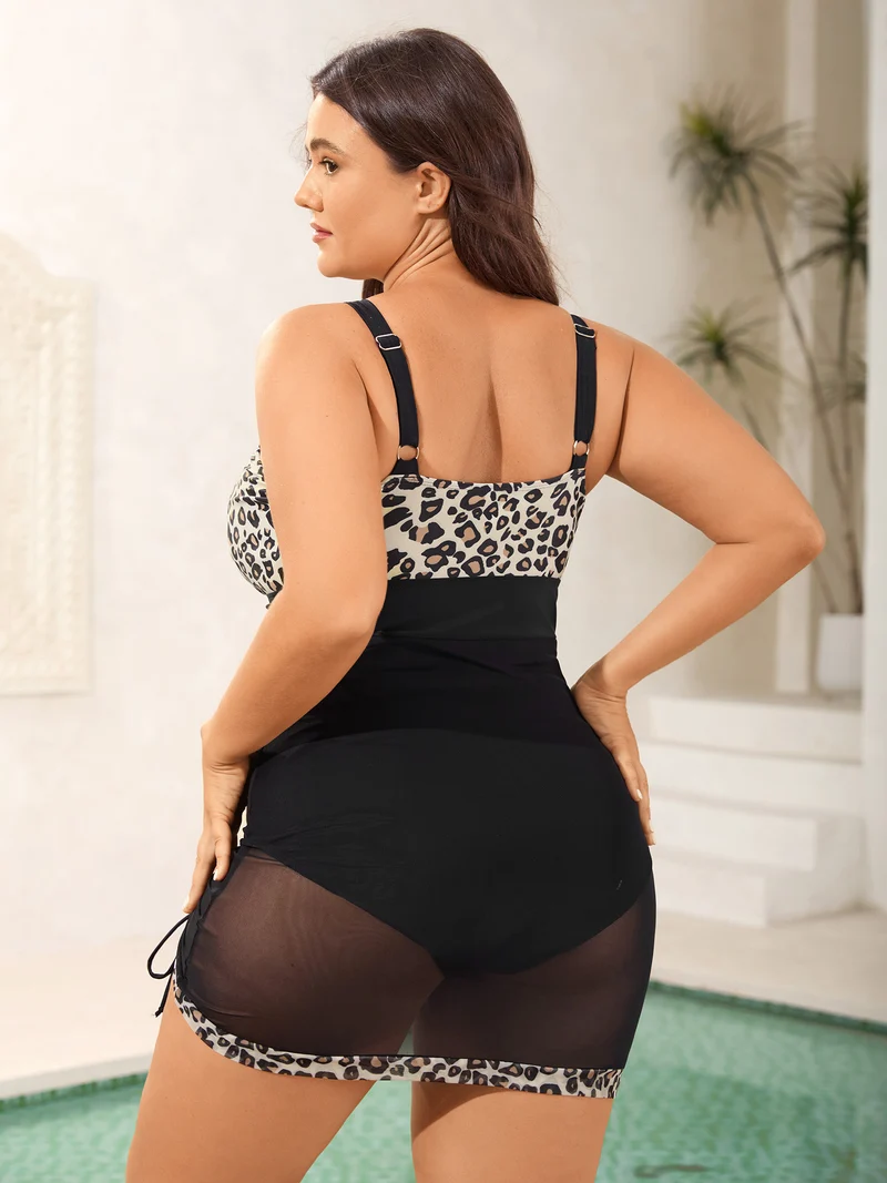 Leopard Sheer Ruched Drawstring Swim Dress