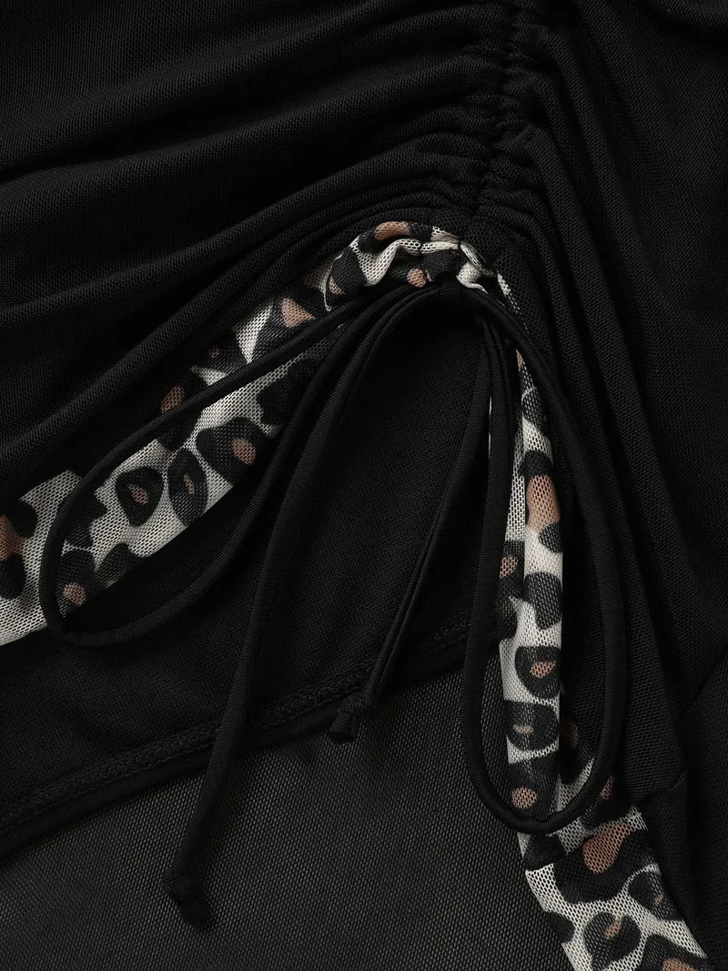 Leopard Sheer Ruched Drawstring Swim Dress