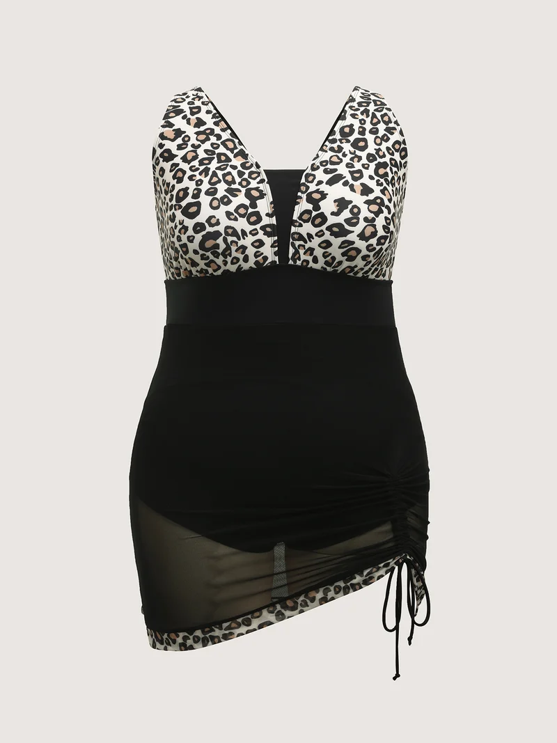 Leopard Sheer Ruched Drawstring Swim Dress