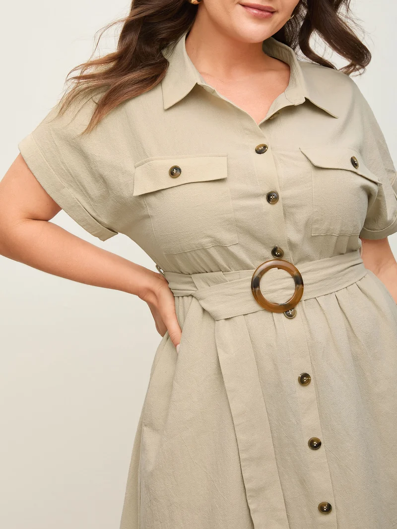Pure Cotton Button-Front Belted Midi Dress