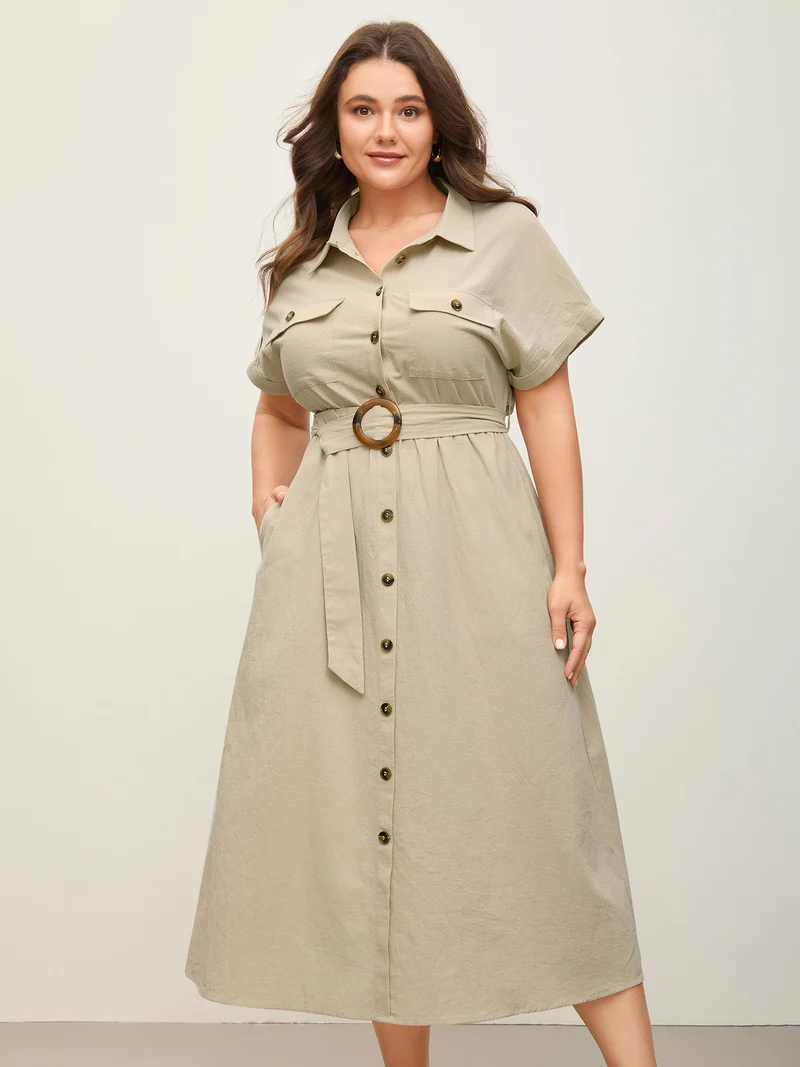 Pure Cotton Button-Front Belted Midi Dress