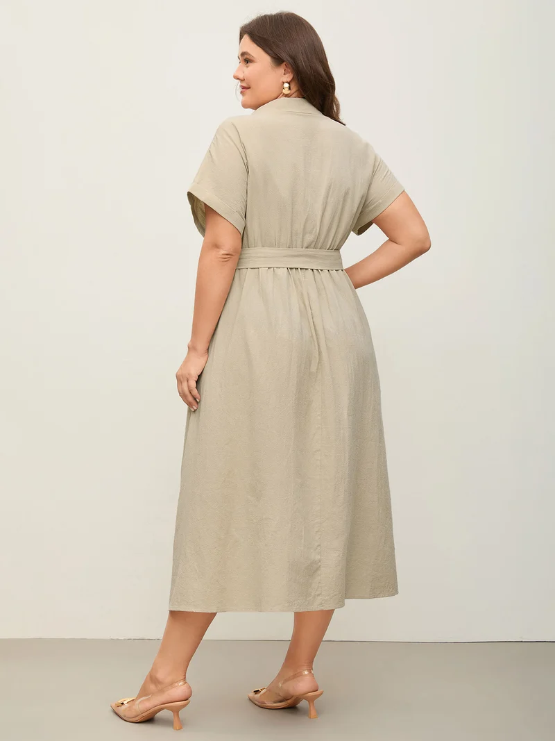 Pure Cotton Button-Front Belted Midi Dress