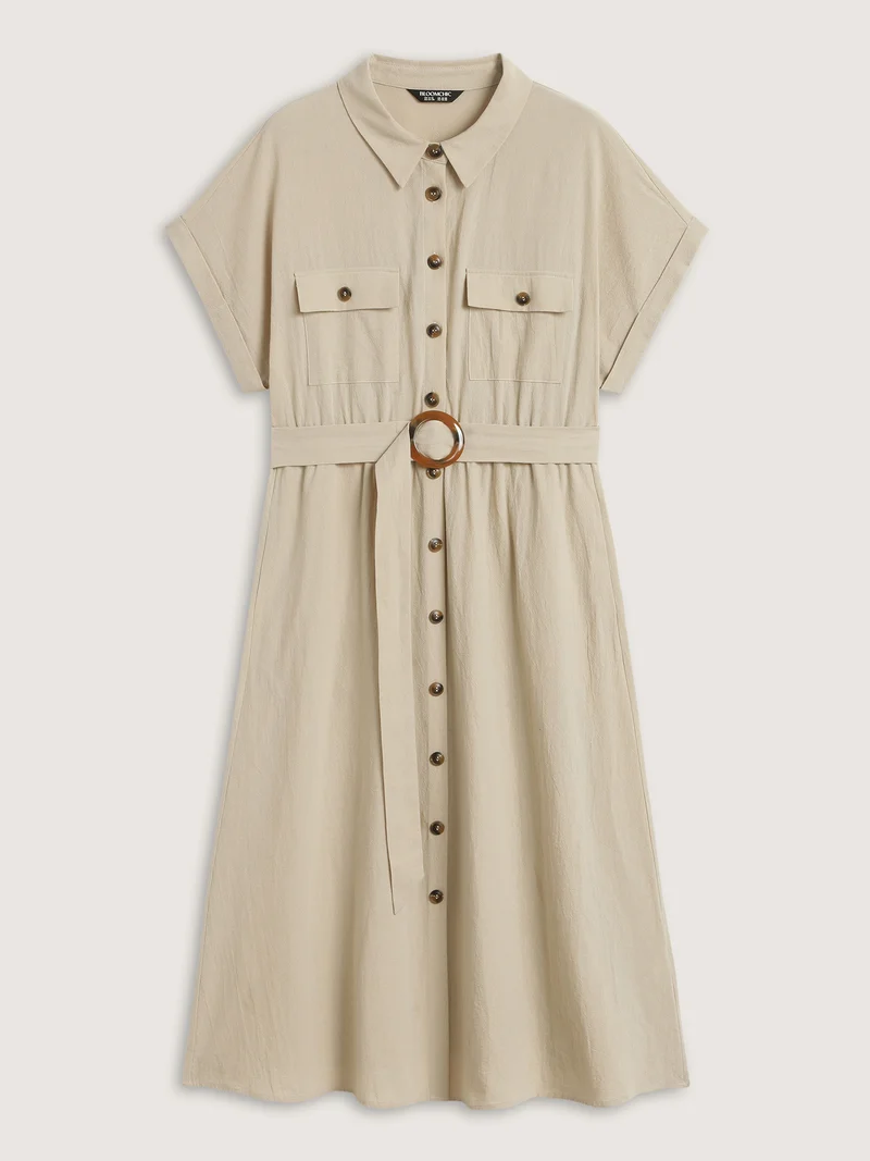 Pure Cotton Button-Front Belted Midi Dress