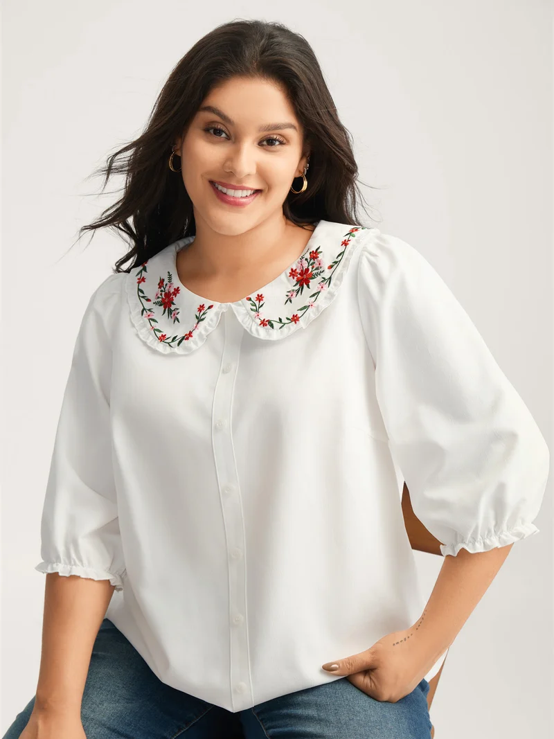 Floral Embroidered Doll Collar Blouse