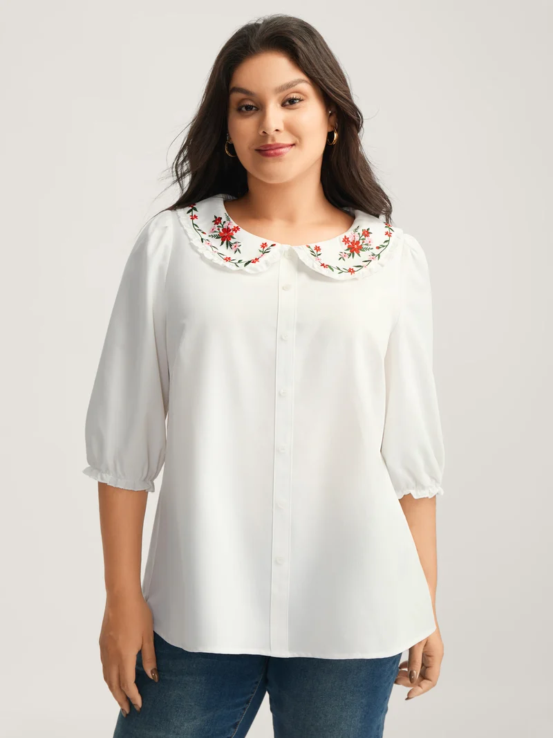 Floral Embroidered Doll Collar Blouse