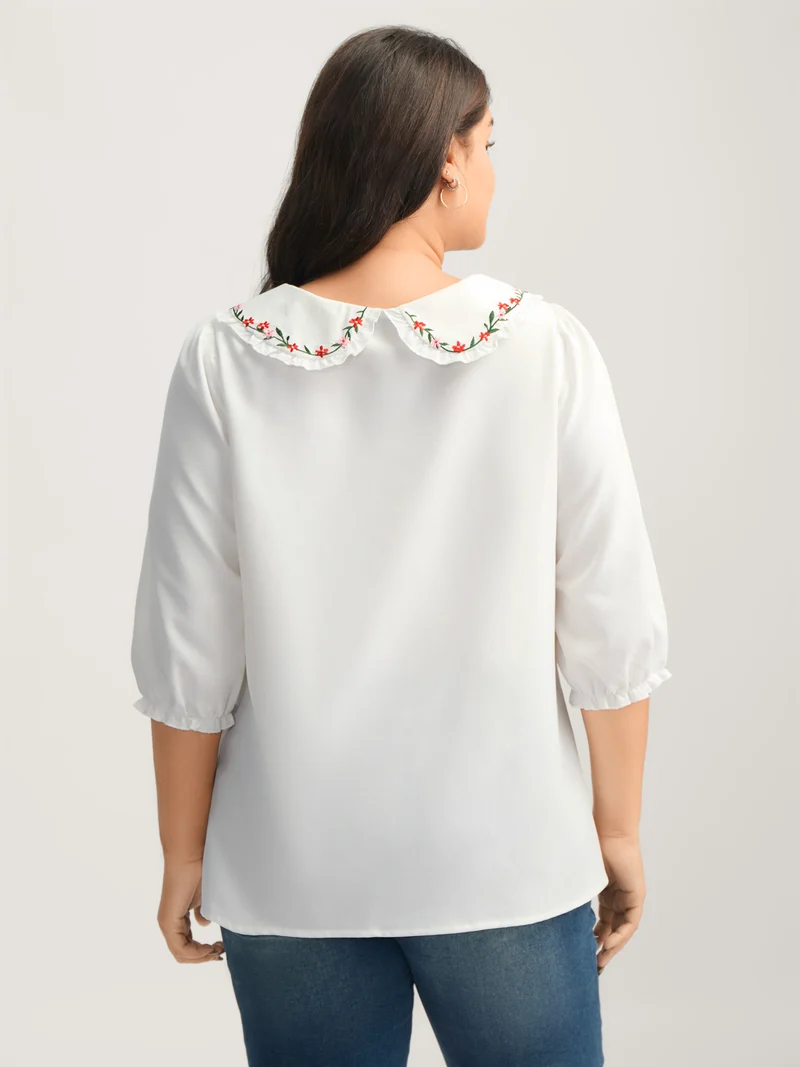 Floral Embroidered Doll Collar Blouse