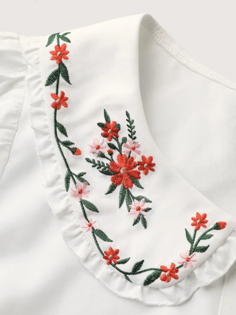 Floral Embroidered Doll Collar Blouse