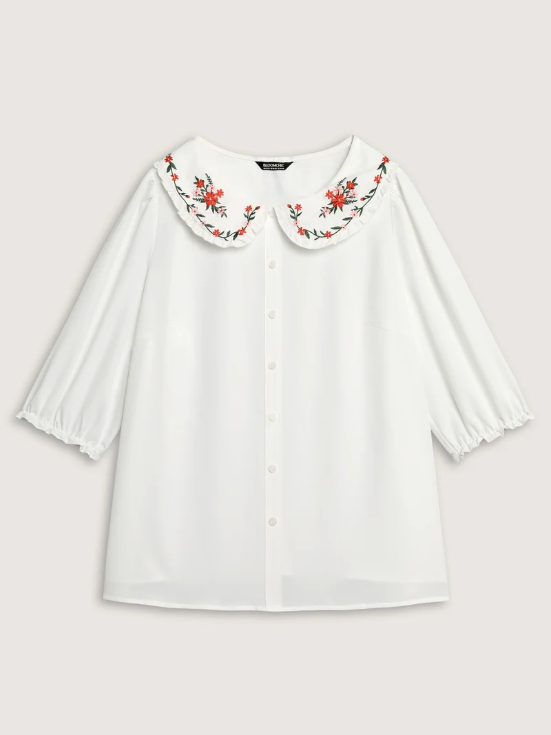 Floral Embroidered Doll Collar Blouse