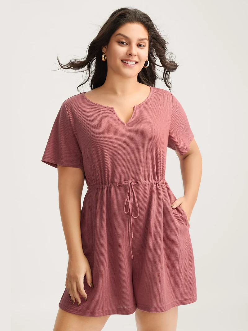 Textured Stretchy Waist Pockets Sleep Romper