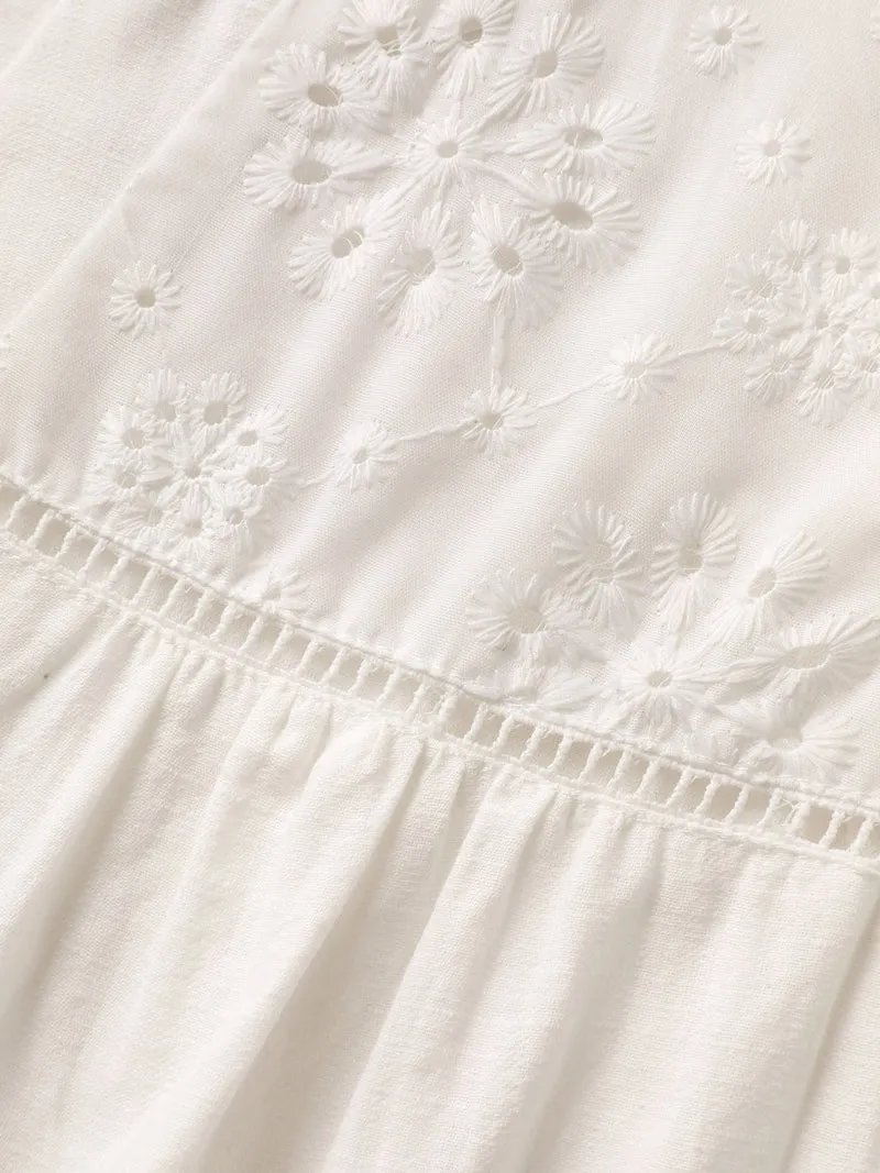 Cotton Lace Eyelet Trim Layered Sleeve Blouse