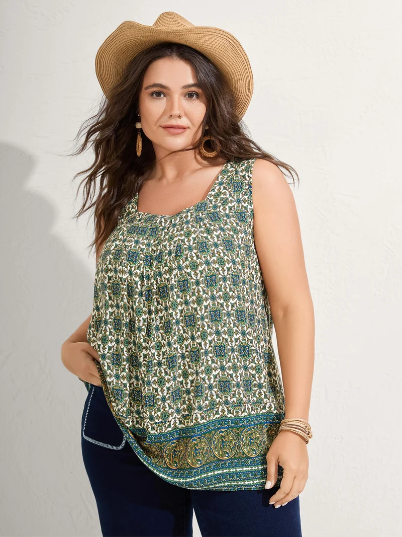 Floral Print Pleated Neckline Tank Top
