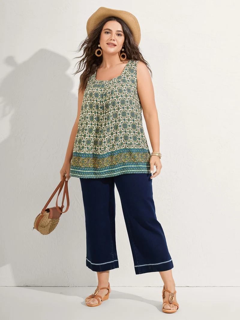 Floral Print Pleated Neckline Tank Top