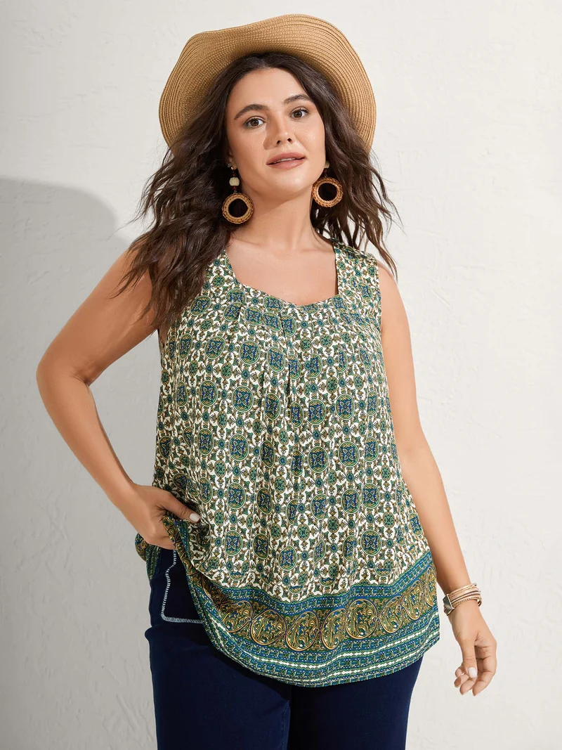 Floral Print Pleated Neckline Tank Top