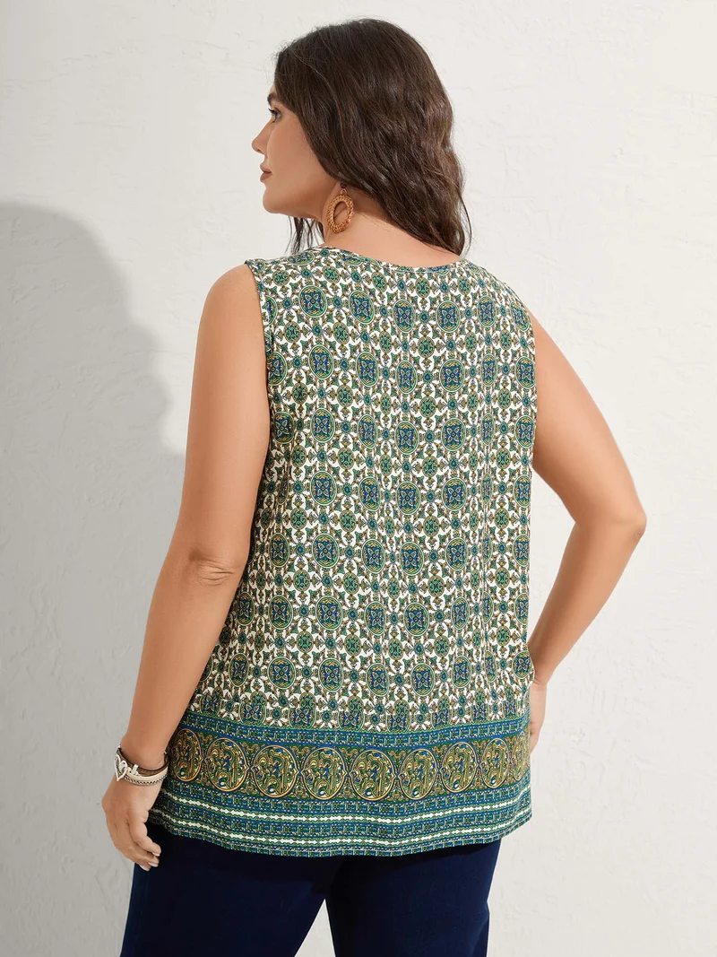 Floral Print Pleated Neckline Tank Top