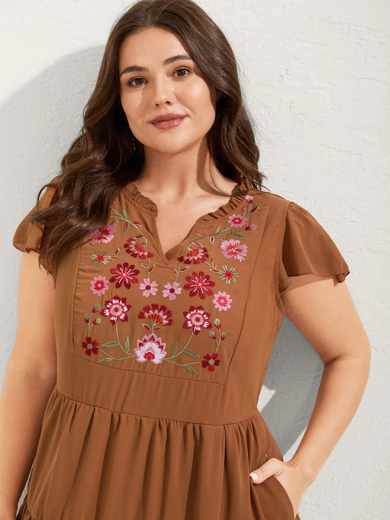 Chiffon Floral Embroidered Tiered Midi Dress