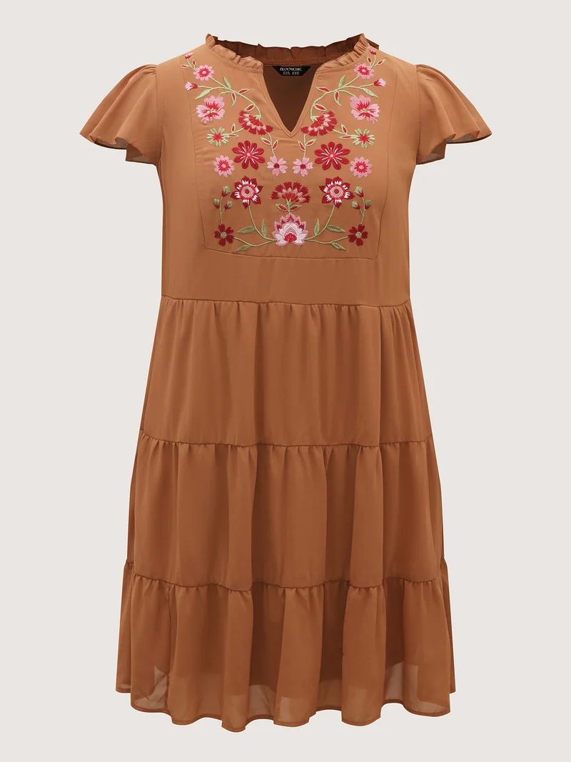 Chiffon Floral Embroidered Tiered Midi Dress
