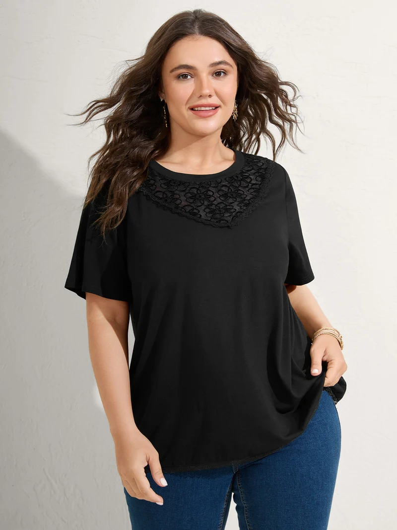 Lace Neck Flowy Sleeve Solid T-Shirt