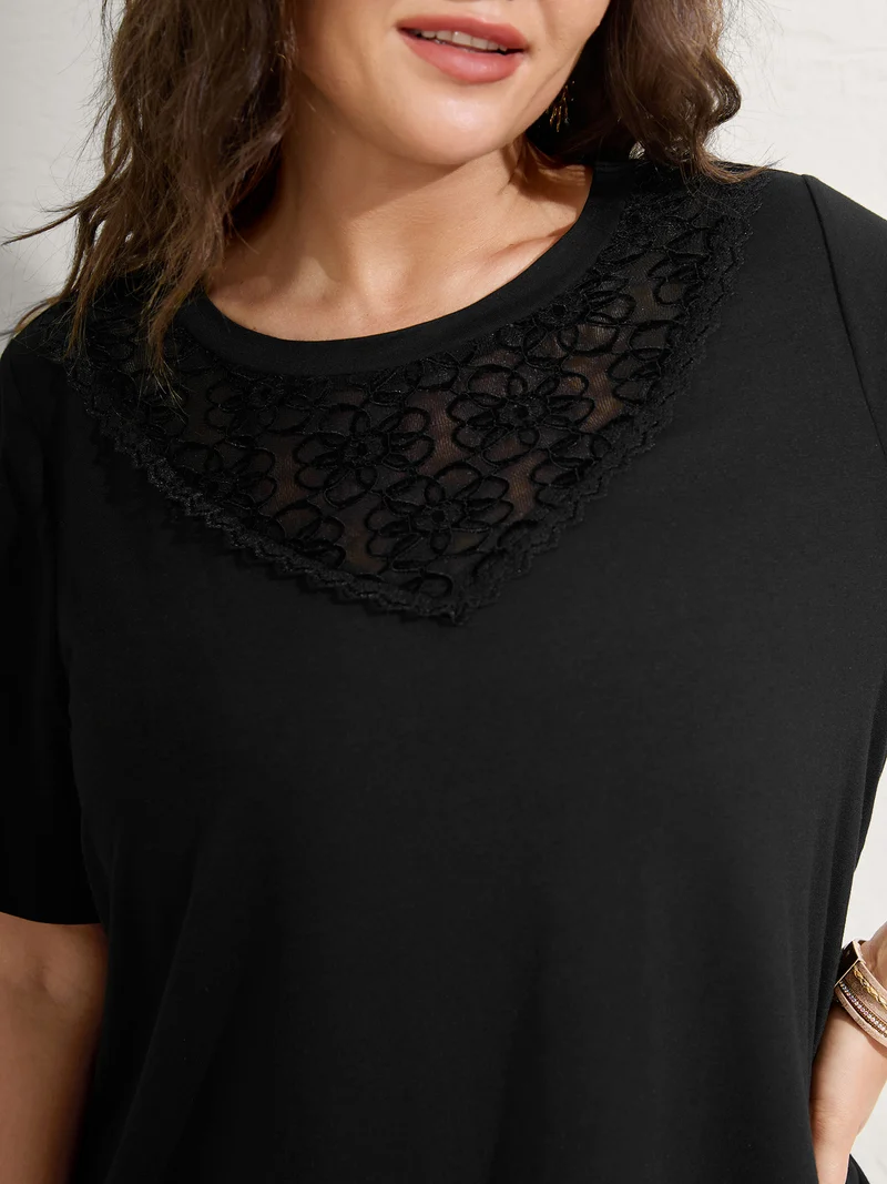Lace Neck Flowy Sleeve Solid T-Shirt