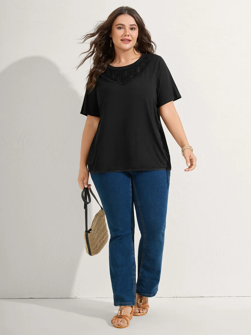 Lace Neck Flowy Sleeve Solid T-Shirt