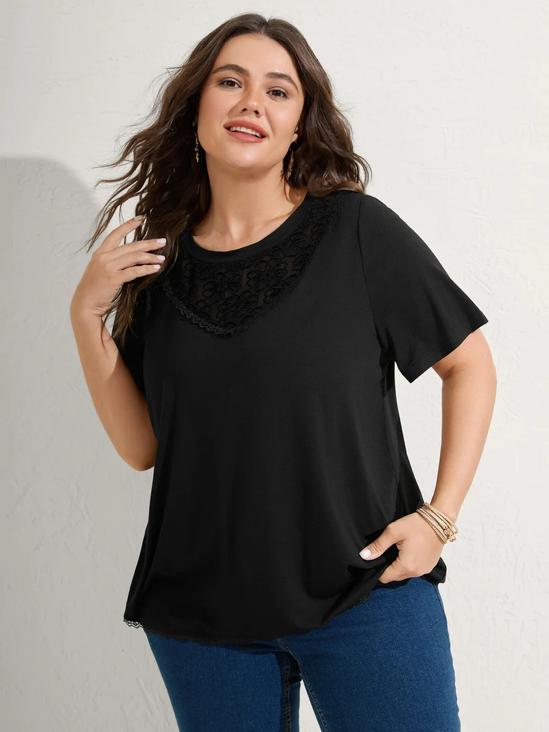 Lace Neck Flowy Sleeve Solid T-Shirt