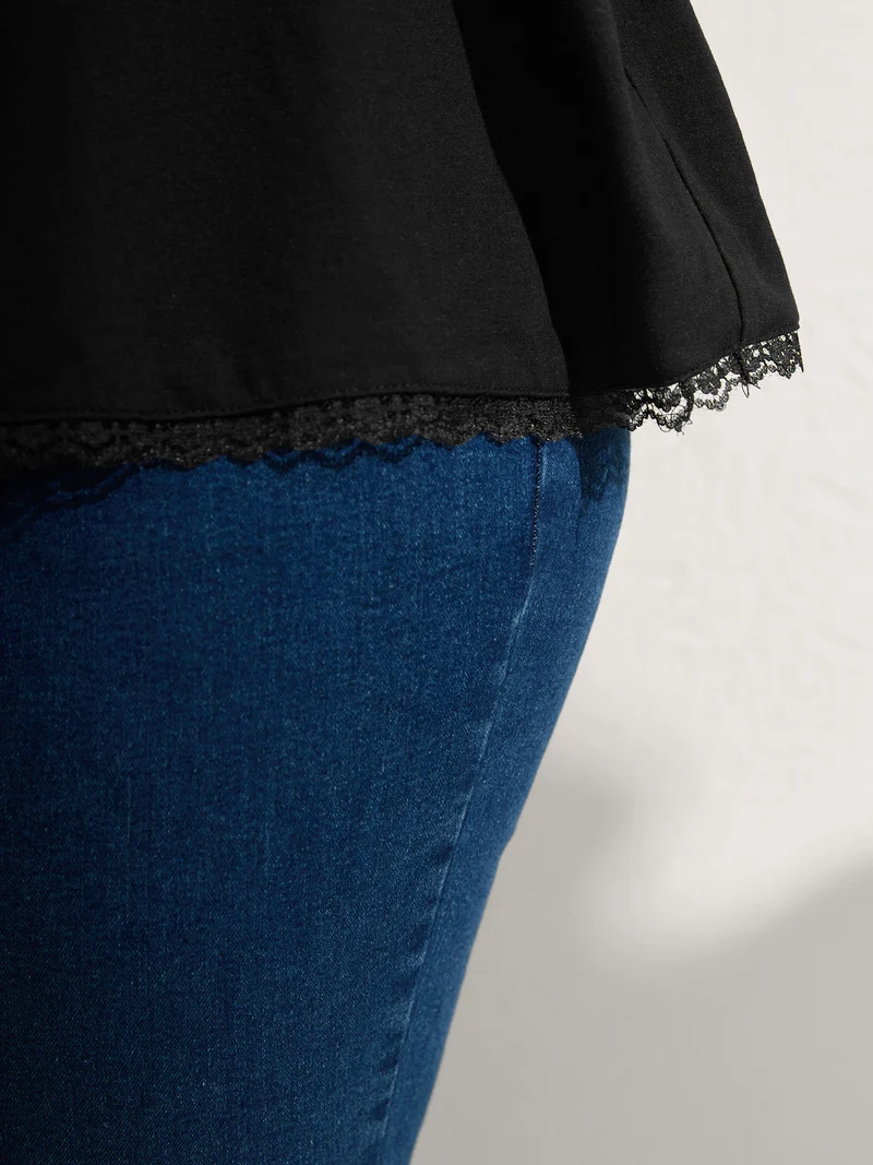 Lace Neck Flowy Sleeve Solid T-Shirt
