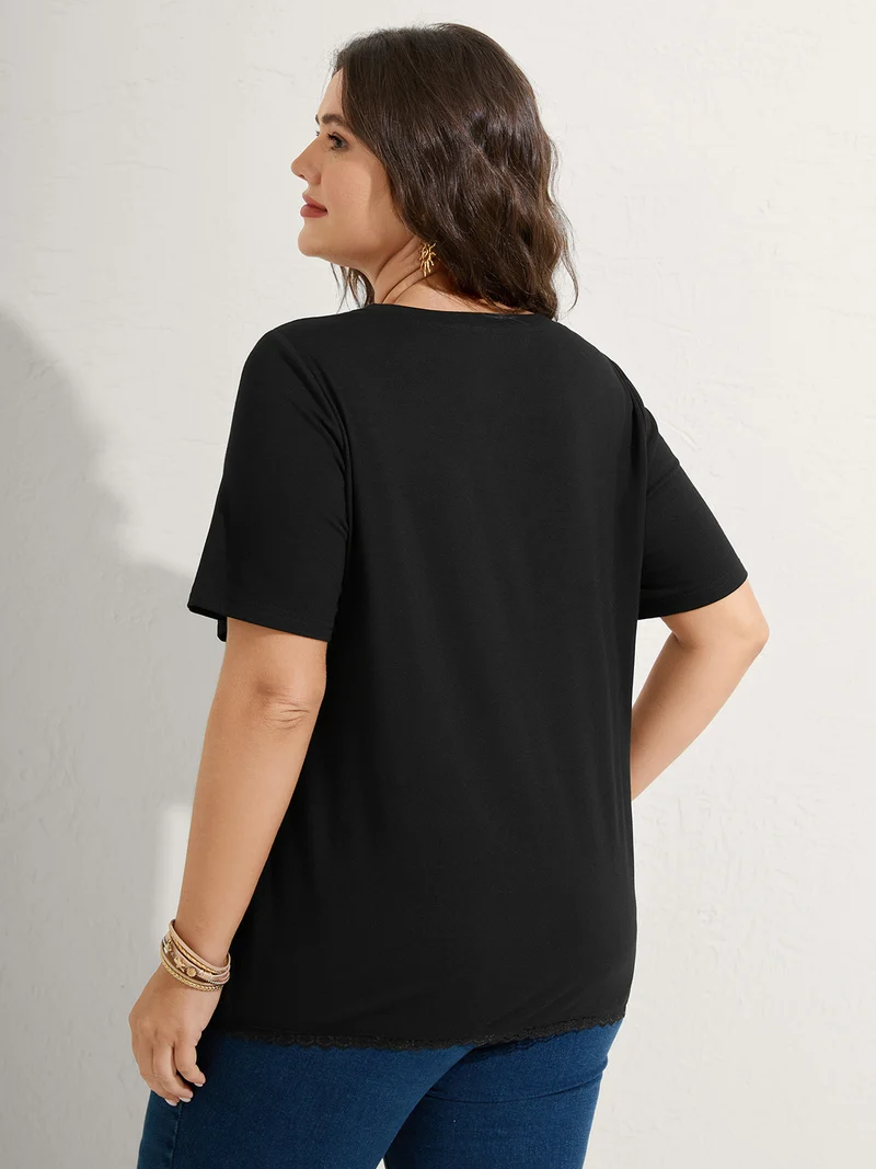 Lace Neck Flowy Sleeve Solid T-Shirt