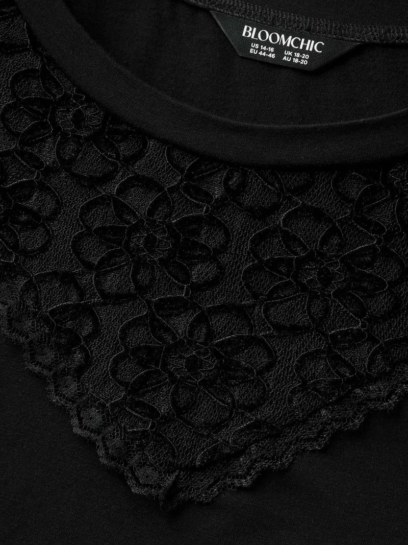 Lace Neck Flowy Sleeve Solid T-Shirt