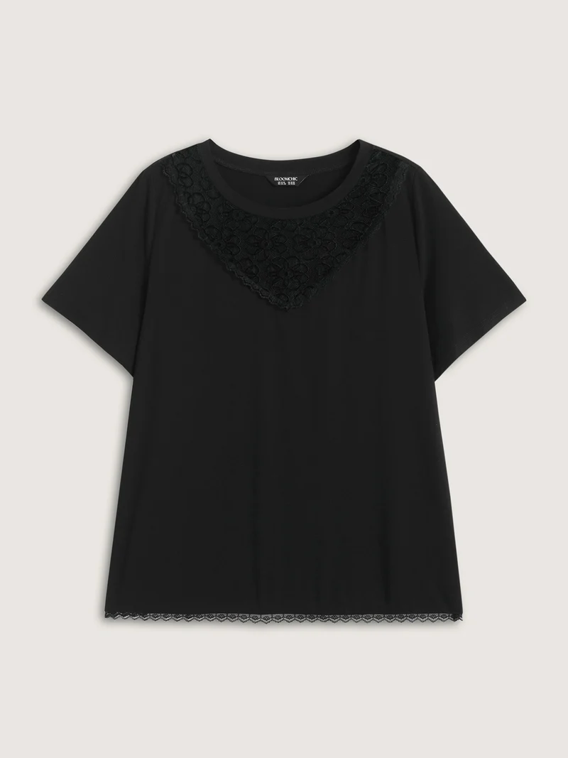 Lace Neck Flowy Sleeve Solid T-Shirt