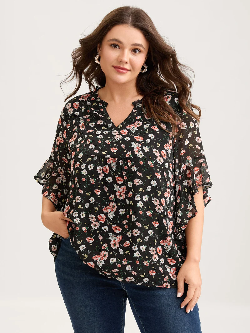 Chiffon Floral Ruffled Sleeve Blouse
