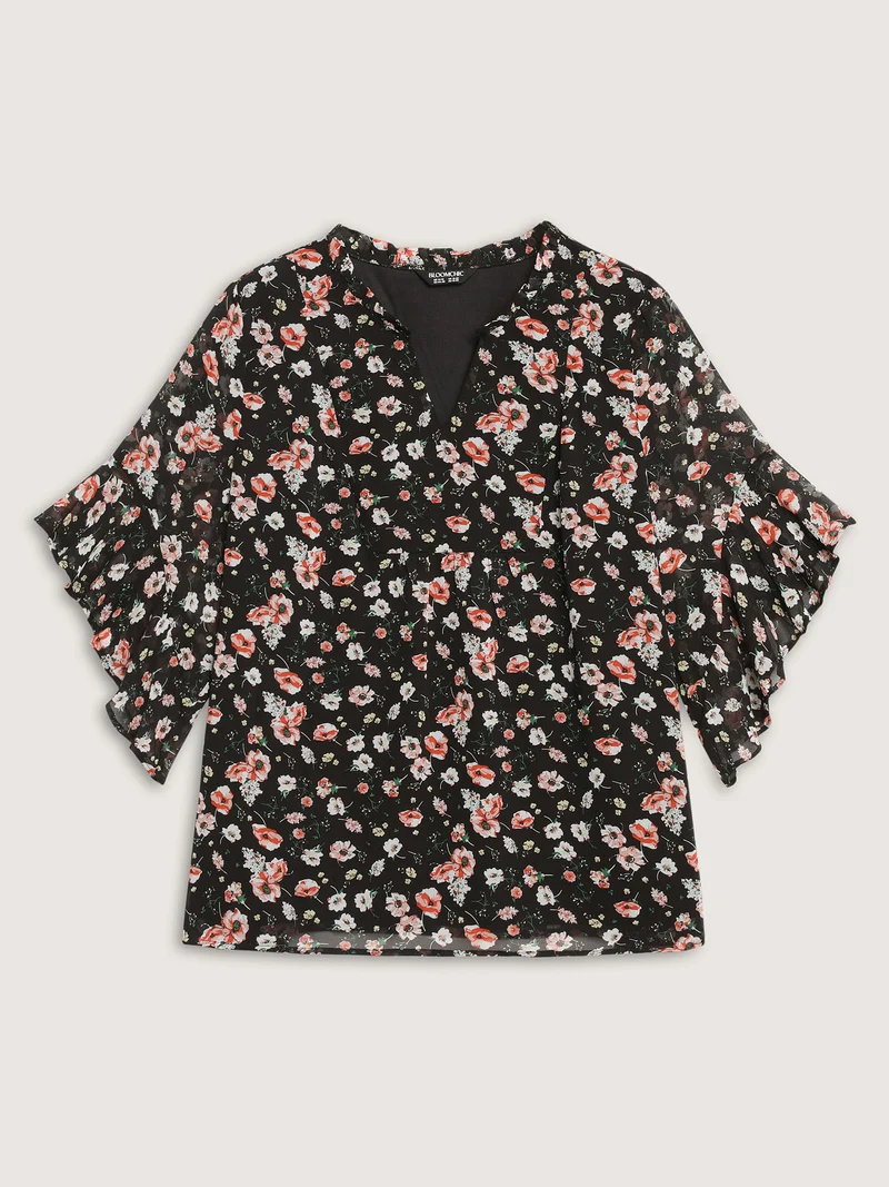Chiffon Floral Ruffled Sleeve Blouse