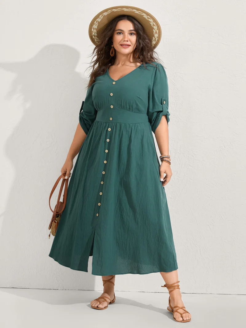 Pure Cotton Button Gathered Sleeve Midi Dress
